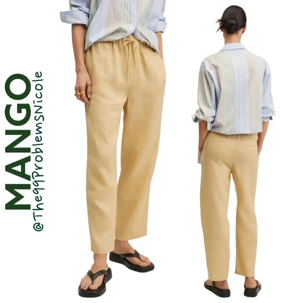 Mango Linen Jogger Trousers Yellow